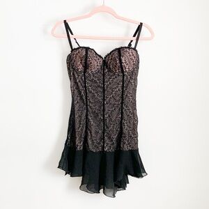 Black Lace Sheer Back Fitted Ruffle Bottom lingerie Nighty S/M